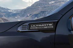 Close up shot of the badging on a 2027 GMC Sierra HD Denali Ultimate with the 8.3L Duramax Turbo-Diesel V8.